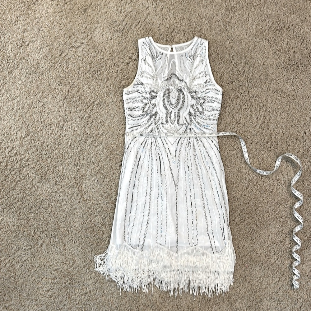 Gianni Bini white and silver beaded chiffon dress with fringe trim. Sz XS